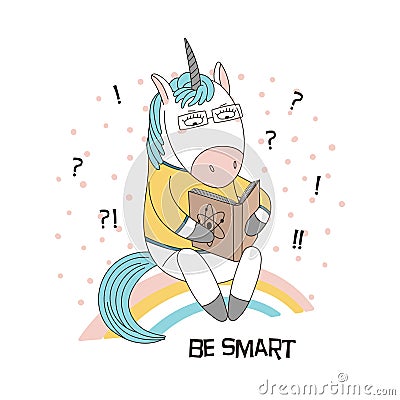 Cute unicorn reading a book Vector Illustration