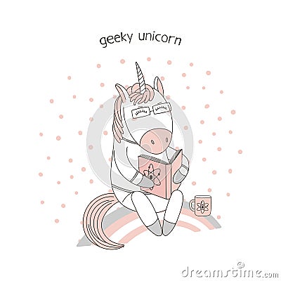Cute unicorn reading a book Vector Illustration