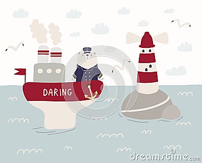 Cute sailor bear on a ship Vector Illustration