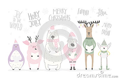 Funny singing animals and Santa Christmas card Vector Illustration