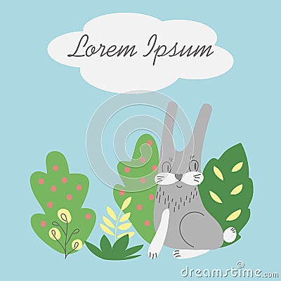 Hand-drawn vector illustration with a cute rabbit on the edge of the forest and plants . Space for your text . Flat style. Cartoon Illustration