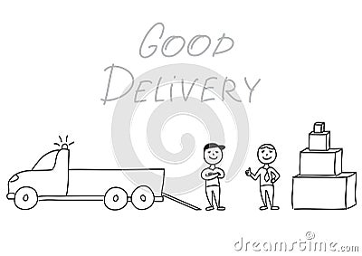 Hand drawn vector illustration, delivery men with truck Vector Illustration