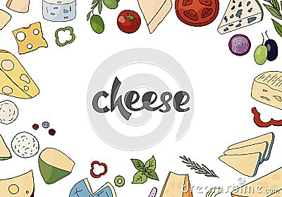 Hand drawn vector illustration with different types of cheeses Cartoon Illustration