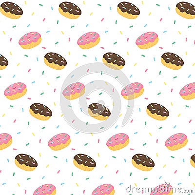 Hand drawn vector illustration of donut chocolate frosting and pink icing with colorful sweaty sprinkles pattern. Vector Illustration