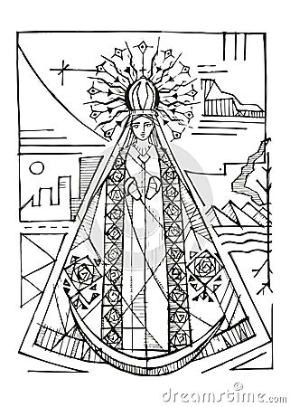 Hand drawn illustration of Our Lady of El Roble Virgin Cartoon Illustration