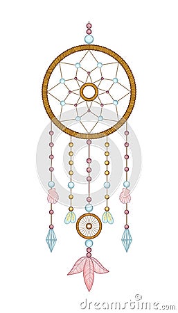 Hand drawn vector illustration of dream catcher boho native american indian talisman dreamcatcher. Magic tribal feathers. Cartoon Illustration