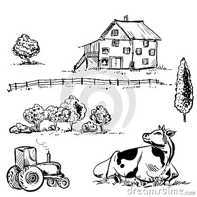 Hand drawn vector illustration with farm and cow. sketh. Vector Illustration