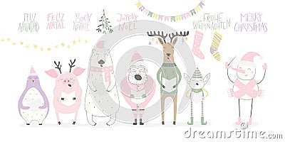 Funny singing animals and Santa Christmas card Vector Illustration