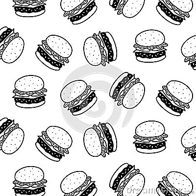 Hand drawn vector illustration of hamburger pattern. black and white.cartoon style. Vector Illustration