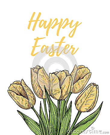 Hand drawn vector illustration. Happy Easter! Spring tulips. Per Vector Illustration