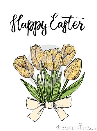 Hand drawn vector illustration. Happy Easter! Spring tulips. Per Vector Illustration
