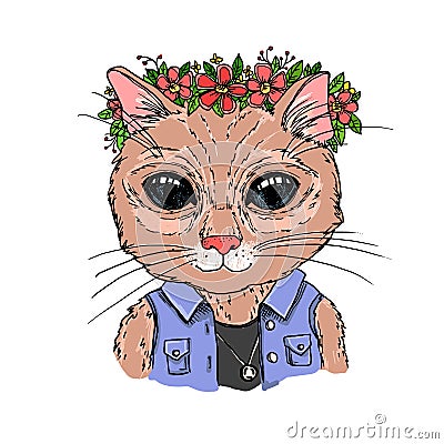 Hand-drawn vector illustration. Hipster cat with wreath Vector Illustration