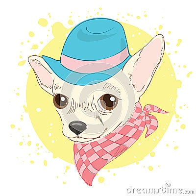 Hand drawn vector illustration of hipster dog for cards, t-shirt print, placard. Fashion portrait of chihuahua dog wearing hat Vector Illustration