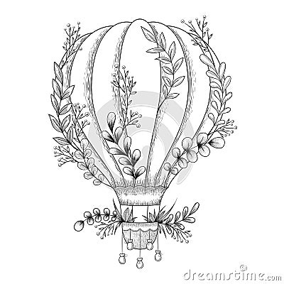 Hand drawn vector illustration with hot air balloon, plants, herbs, branches and floral elements Vector Illustration