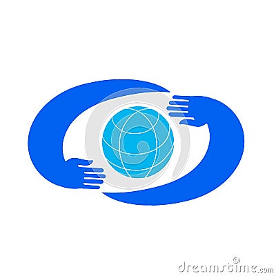 Hands holding blue planet. Logo Template. Vector Illustration