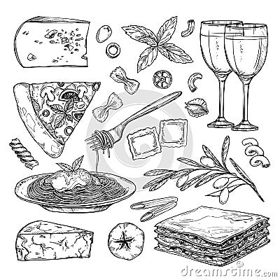 Hand drawn vector illustration - Italian food Different kinds Vector Illustration