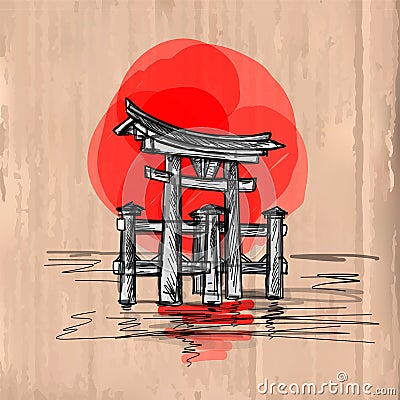 Hand drawn vector illustration of japanese gate Torii. Red sun. Ink drawing in vintage style on cardboard background Vector Illustration