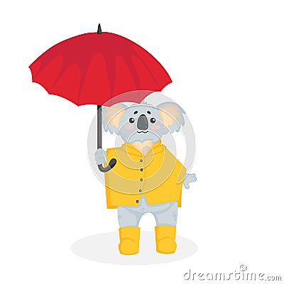 Hand drawn vector illustration of a little koala bear in yellow raincoat and rubber boots walking under an red umbrella in cartoon Cartoon Illustration