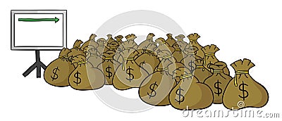 Hand drawn vector illustration a lot of dollar money sacks and sales chart arrow moving up Vector Illustration
