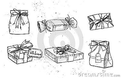 Hand drawn vector illustration - Magic gift boxes. Vector Illustration