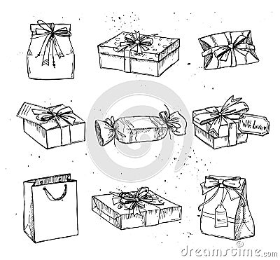 Hand drawn vector illustration - Magic gift boxes. Vintage Vector Illustration