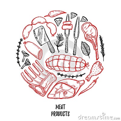 Hand drawn vector illustration - Meat products Vector Illustration