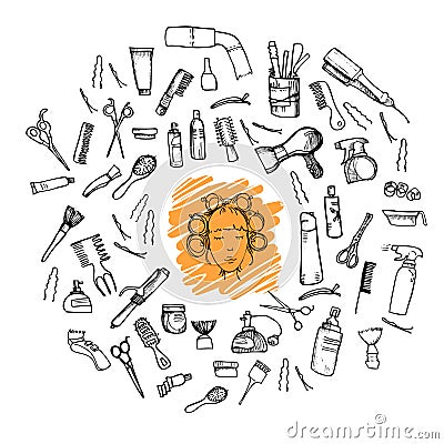 Hand-drawn vector illustration. Mega set - Hairdressing tools (scissors, combs, styling). Isolated on white background Vector Illustration