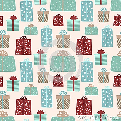From hand drawn vector illustration of multi-colored gifts on a beige background. Seamless pattern for Christmas and New Year. Cartoon Illustration