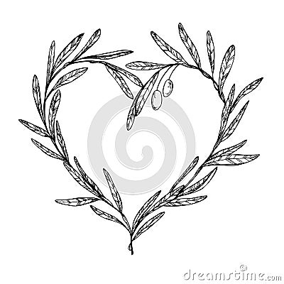 Hand drawn vector illustration - Olive branch, Heart Shaped Wreath Vector Illustration