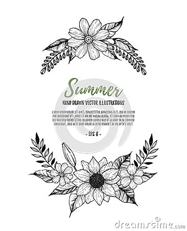 Hand drawn vector illustration. Oval Wreath with black flowers, Vector Illustration