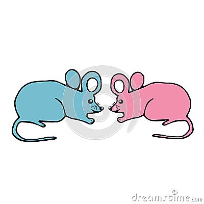 Hand drawn vector illustration of a pair of beautiful little pink and blue young mice on a white background Vector Illustration