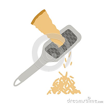 Hand drawn vector illustration of parmesan cheese grated with cheese grater. Isolated on white background. Vector Illustration