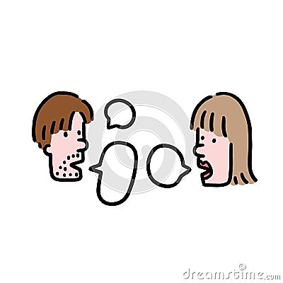 Hand drawn vector illustration of people talking in cartoon style. Men and women couple speaking with speech bubble Vector Illustration