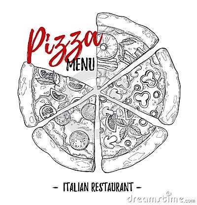 Hand drawn vector illustration - pizza menu Italian restaurant Vector Illustration