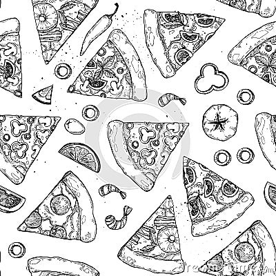 Hand drawn vector illustration - pizza. Types of pizza: Pepperoni, Margherita, Hawaiian, Mushroom. Sketch style Vector Illustration