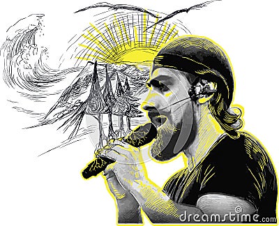 Singer. Portrait of an unknown bearded vocalist singing an song. Vector Illustration