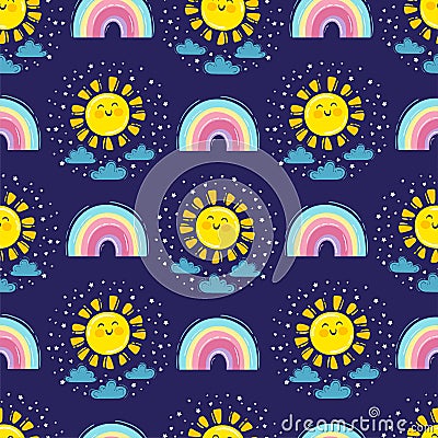 Hand drawn vector illustration. Seamless pattern with cute rainbow, rain cloud and smiling sun Vector Illustration