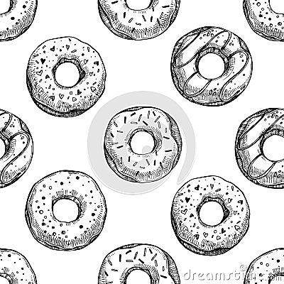 Hand drawn vector illustration - Seamless pattern with tasty donuts Vector Illustration