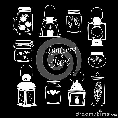 Hand drawn vector illustration - Set of Lanterns and Jars. Vector Illustration