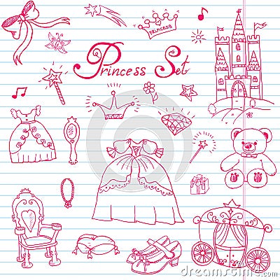 Hand drawn vector illustration set of princess sign, Castel, throne and carriage, magic wand, mirror, stuffed toy, croun and Vector Illustration