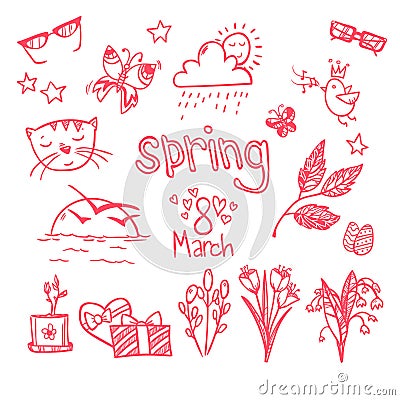 Hand-drawn vector illustration - spring icons. Doodle set Vector Illustration