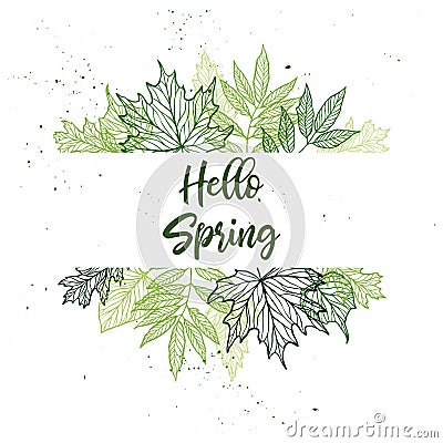 Hand drawn vector illustration. Spring label with green leaves, Vector Illustration