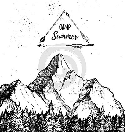 Hand drawn vector illustration - Summer camp. Mountain and fores Vector Illustration