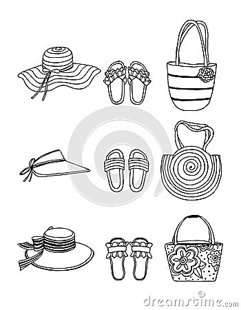 Hand drawn vector illustration. Summer shoes, flip-flops, sandals, hats and bags with decor. Set, collage of fashionable Vector Illustration