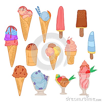 Hand drawn vector illustration - Super set of ice cream. Vector Illustration