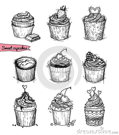Hand-drawn vector illustration - Sweet cupcakes. Line art. Isolated on white background Vector Illustration