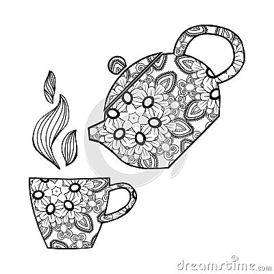 Hand drawn Vector illustration.Teapot and cup. Vector Illustration