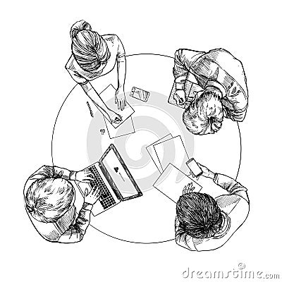 Hand drawn vector illustration. Top view: Business conversation Vector Illustration