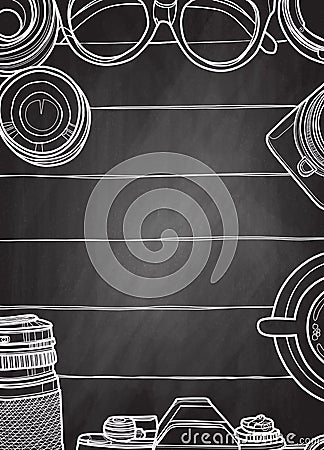 Hand Drawn Vector Illustration ,Top view of retro camera and len Vector Illustration