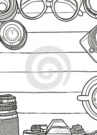 Hand Drawn Vector Illustration ,Top view of retro camera and len Vector Illustration